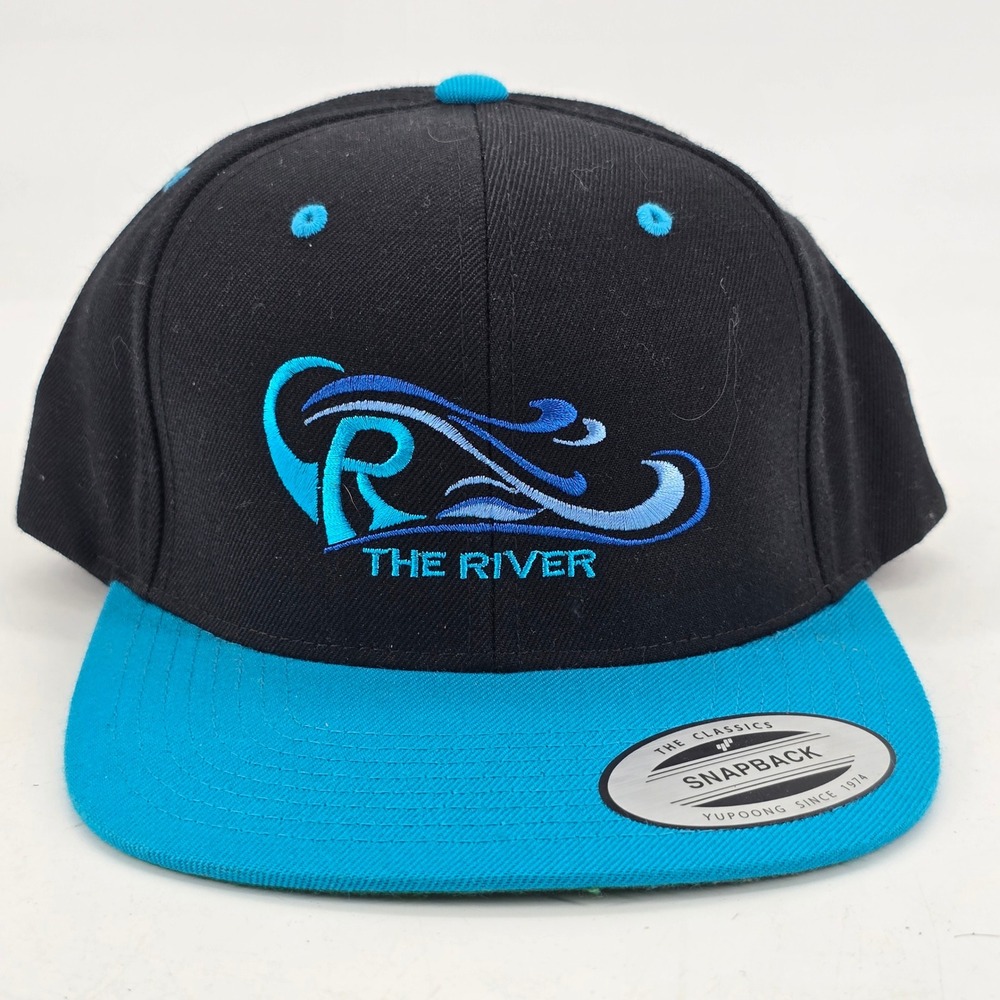 Yupoong The River Hat Mens OSFM Snapback Black Teal Embroidered Flat Brim Hat